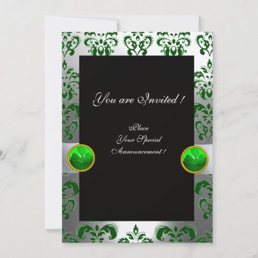 INVITATION BLANC VERT DAMAS & TRÈFLE À 4 FEUILLES MONOGRAMME (Dos)