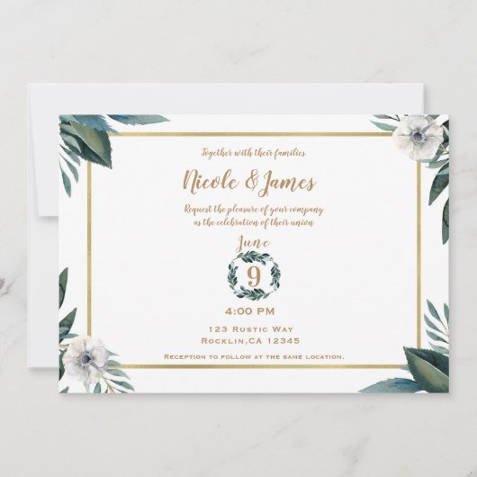 Invitation Blanc Vert Feuille Anémone Mariage Floral (Devant)