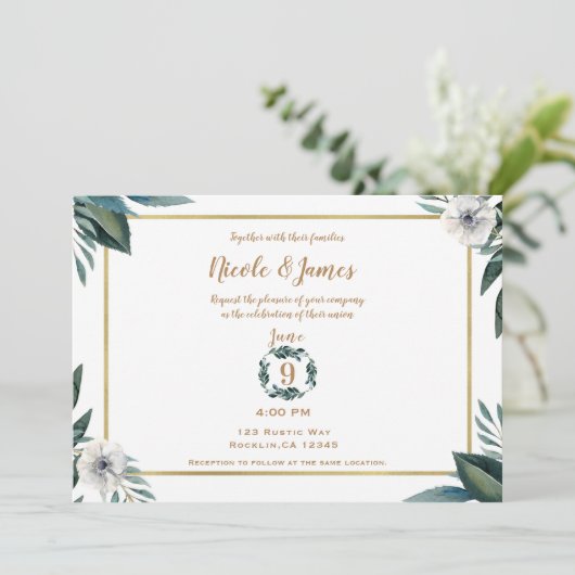 Invitation Blanc Vert Feuille Anémone Mariage Floral (Debout devant)
