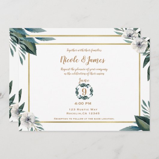 Invitation Blanc Vert Feuille Anémone Mariage Floral (Devant / Derrière)