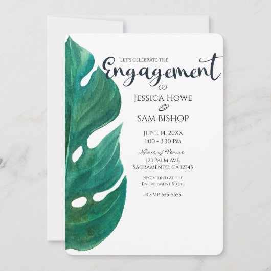 Invitation Blanc & Vert Feuille Tropicale Élégant Engagement (Devant)