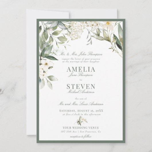 Invitation Blanc Vert Floral Classique Mariage (Devant)
