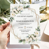 Invitation Blanc Vert Floral Or Géométrique Mariage