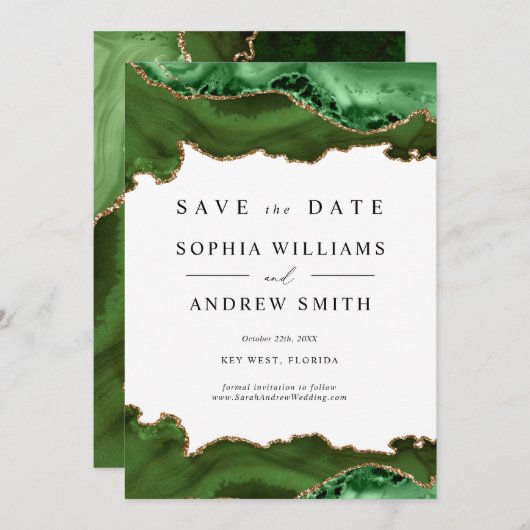 Invitation Blanc & Vert Or Enregistrer la date (Devant / Derrière)