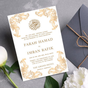 Invitation Blanc Vintage Gold Corner Mariage musulman islamiq