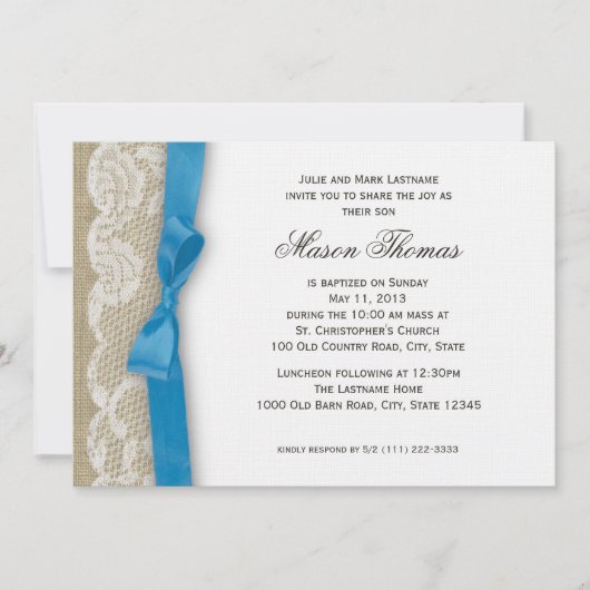 Invitation Blanche dentelle et Burlap Christening (Devant)