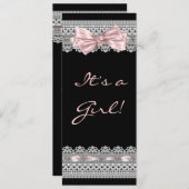 Invitation Blanche dentelle rose et noir bébé fille douche (Devant / Derrière)