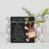 Invitation Blanche dentelle singe bébé fille douche (Debout devant)