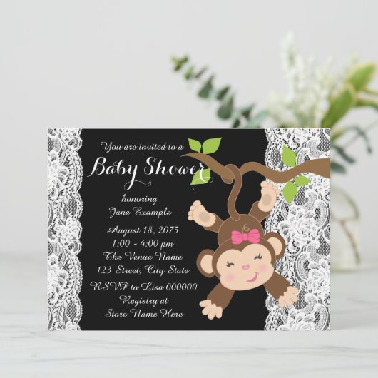 Invitation Blanche dentelle singe bébé fille douche (Debout devant)