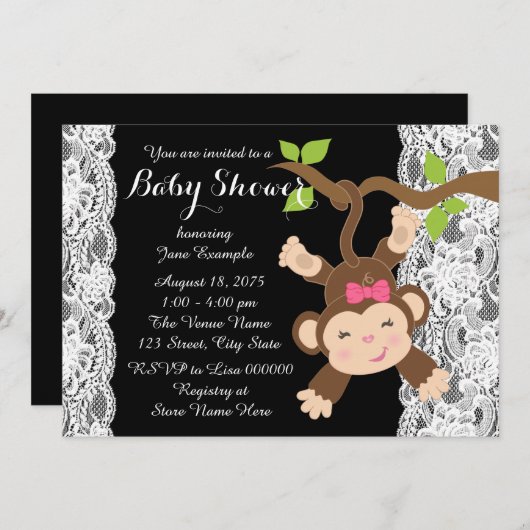 Invitation Blanche dentelle singe bébé fille douche (Devant / Derrière)