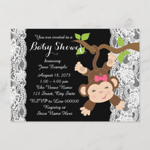 Invitation Blanche dentelle singe bébé fille douche