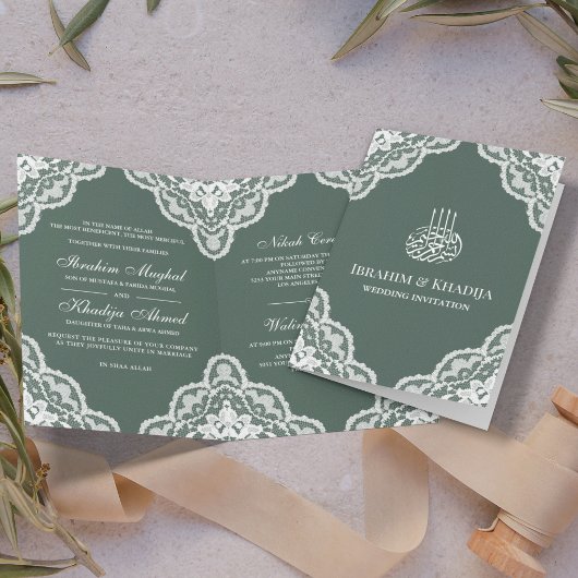Invitation Blanche dentelle verte Mariage musulman