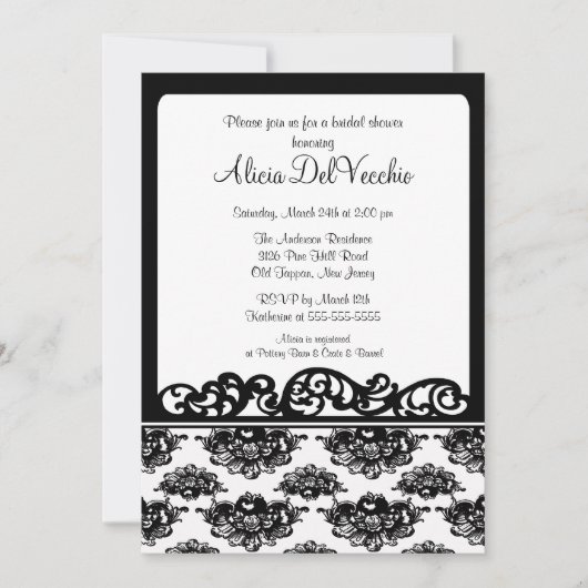 Invitation blanche et noire de Fête de la mariée (Devant)
