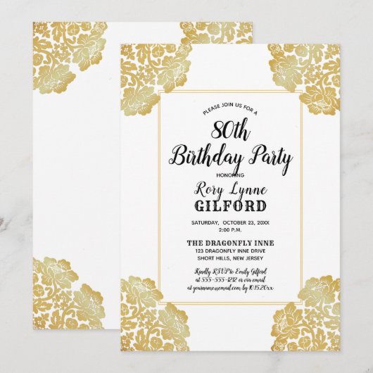 Invitation BLANCHE | Gold Victorian Lace 80th Birthday Party (Devant / Derrière)