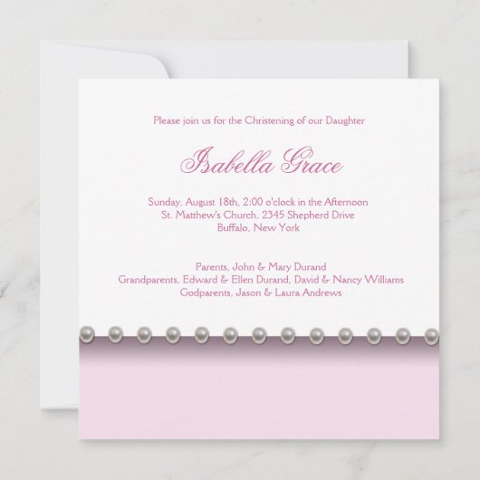 Invitation blanche rose de baptême de bébé de (Dos)
