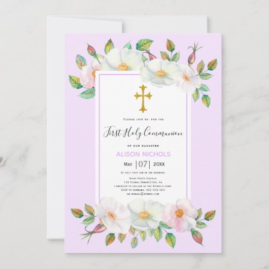 Invitation Blanche rose lavande florale Première communion (Devant)
