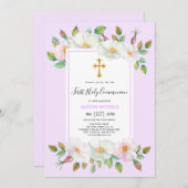 Invitation Blanche rose lavande florale Première communion (Devant / Derrière)