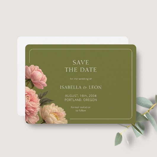 Invitation BLANCHE | Rose vert olive moderne Sauvez la date