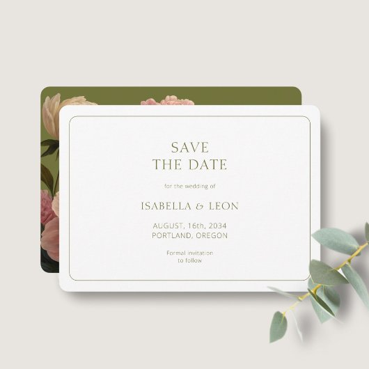 Invitation BLANCHE | Rose vert olive moderne Sauvez la date