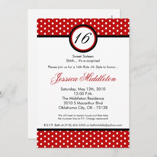 invitation blanche rouge d'anniversaire de point (Devant / Derrière)