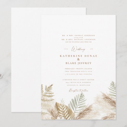 Invitation blanche simplement élégante avec Pampas (Devant / Derrière)