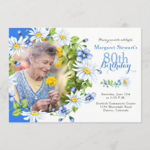 Invitation Blancs Bleu Blancs Daisy Photo 80e anniversaire