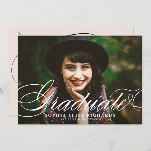 Invitation Blancs Élégant Script Photo Graduation (Devant / Derrière)