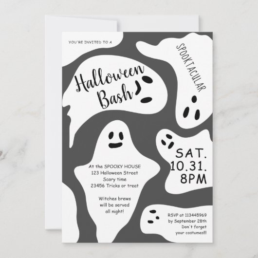 Invitation Blancs mignons forme grise Halloween bash (Devant)