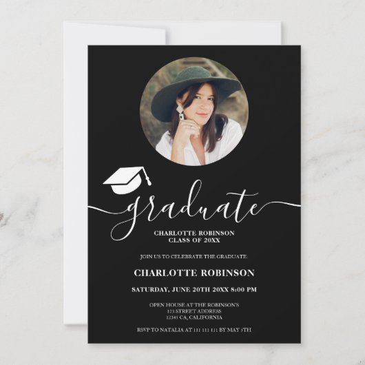 Invitation Blancs noir script photo graduation (Devant)