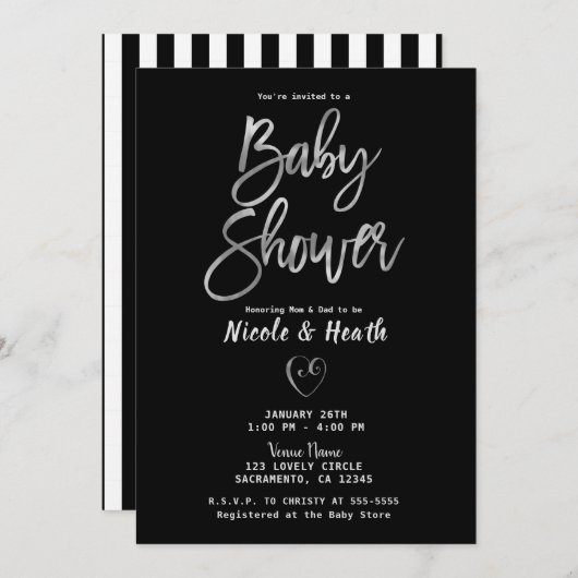 Invitation Blancs noirs Baby shower Silver Chic (Devant / Derrière)