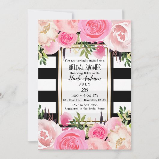 Invitation Blancs noirs Fête des mariées Florale rose or (Devant)