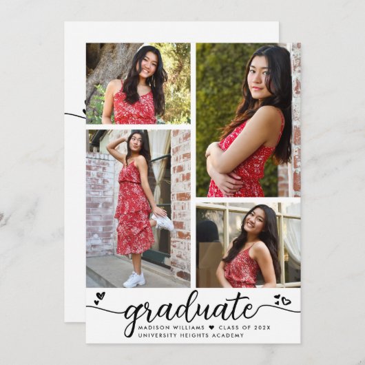 Invitation Blancs Noirs Graduation 4 Coeurs de calligraphie p (Devant / Derrière)