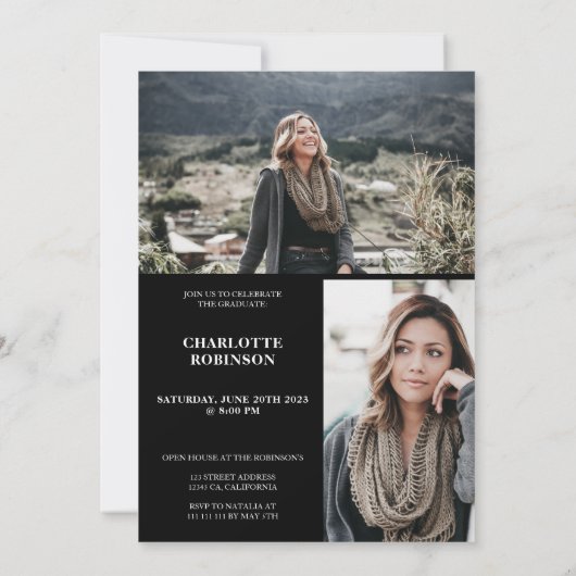 Invitation Blancs sur script noir 3 diplôme photo (Dos)