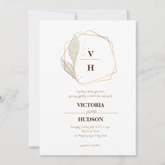 Invitation Blason botanique élégant monogramme or (Devant)