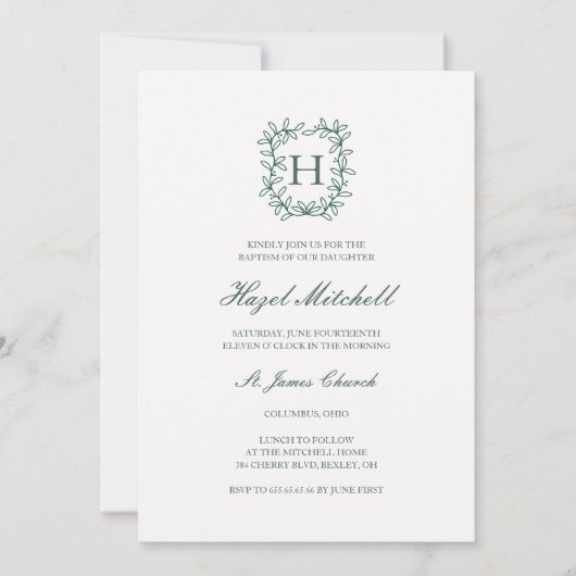 Invitation Blason botanique monogramme baptême (Devant)