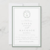 Invitation Blason botanique vert sauge monogramme mariage (Devant)