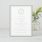 Invitation Blason botanique vert sauge monogramme mariage (Debout devant)