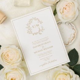 Invitation Blason de feuilles dorées en monogramme pour maria