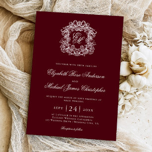 Invitation Blason de mariage élégant à monogramme en bordeaux
