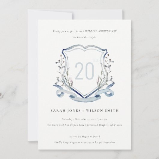 Invitation Blason de monogramme de fleur sauvage bleue Mariag (Devant)