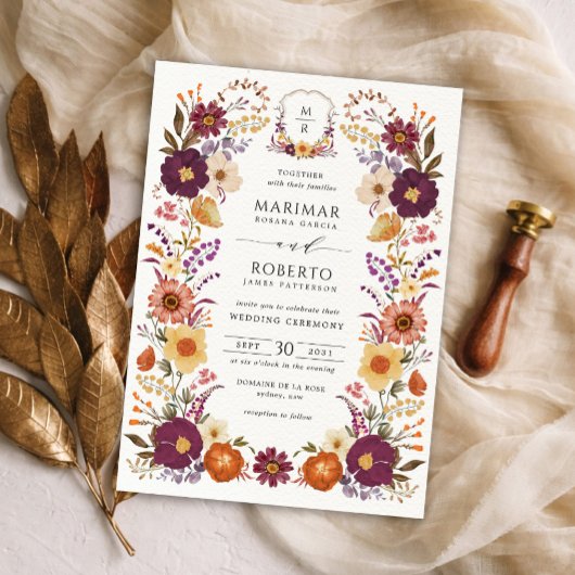 Invitation Blason de monogramme de mariage à fleurs peintes à