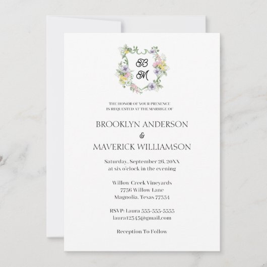 Invitation Blason de monogramme floral formel de mariage (Devant)