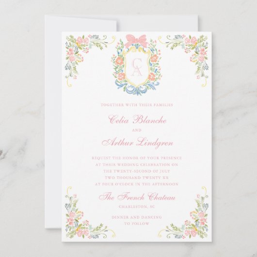Invitation Blason de monogramme floral rococo de mariage (Devant)