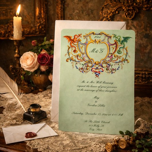 Invitation Blason de style rococo 1793 avec monogramme de dra