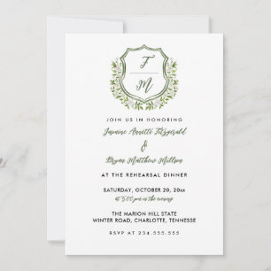 Invitation Blason Floral Aquarelle Monogramme Dîner de Répéti