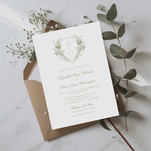 Invitation Blason Floral Blanc Vert Romantique de Mariage Mon