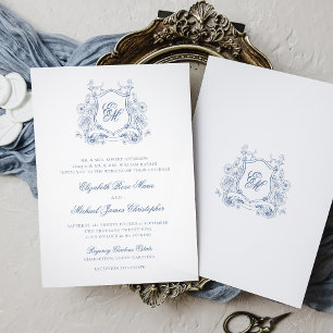 Invitation Blason Floral Bleu Formel Monogramme Élégant de Ma