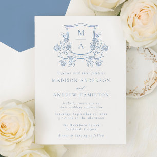 Invitation Blason Floral Bleu Français Élégant Monogramme de 