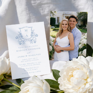 Invitation Blason Floral Bleu Français Élégant Photo de Maria