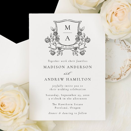 Invitation Blason Floral Élégant Monogramme de Mariage